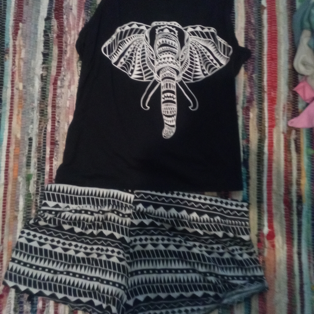 Elephant Graphic Black Top and Patterned Shorts Set
